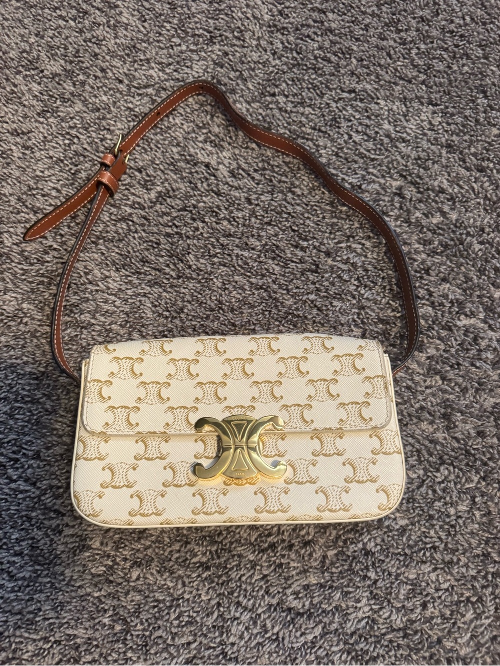 Celine Ivory Canvas Triomphe Shoulder Bag with Brown Strap